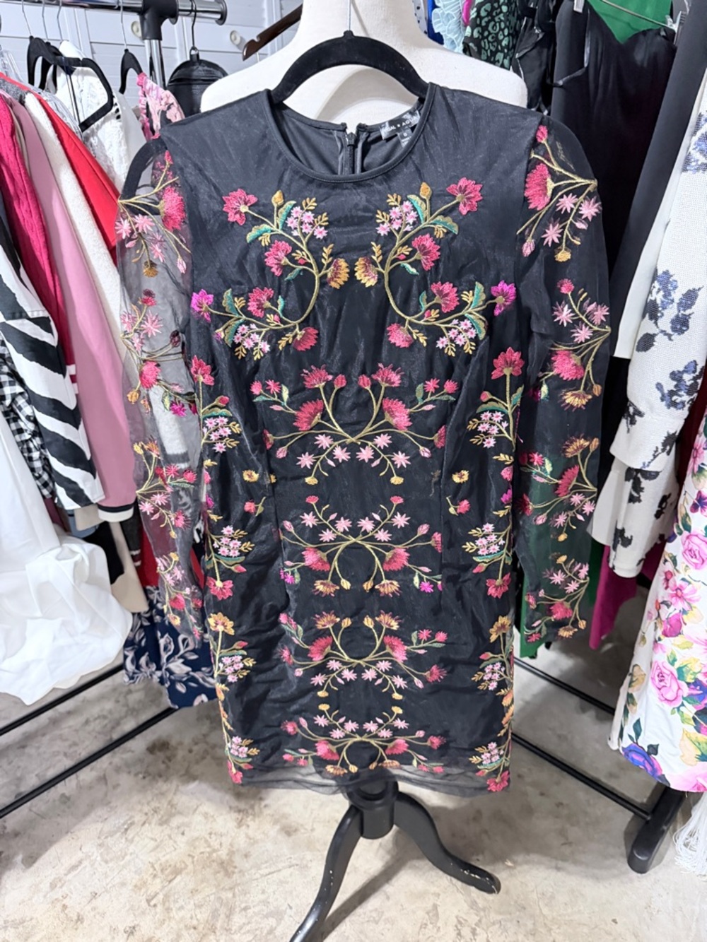 Yigal X Aqua collab Black Floral Embroidered Mesh Sheath Dress
